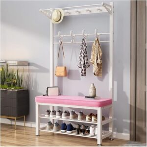 PERCHERO CON ZAPATERA BLANCO TABURETE ROSA 80CM 80*33*170cm(1)